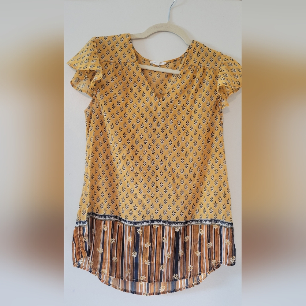 Maurices Yellow Floral Blouse with Striped Hem